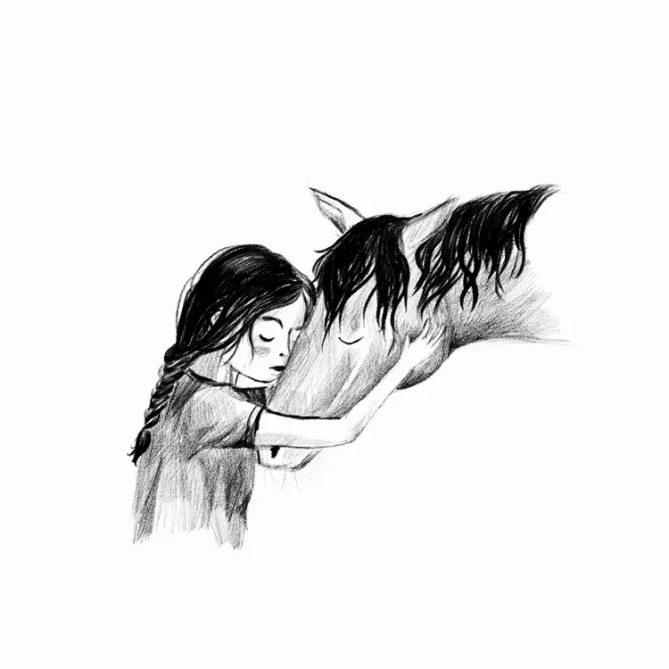 black and white book illustration of a girl hugging a horse